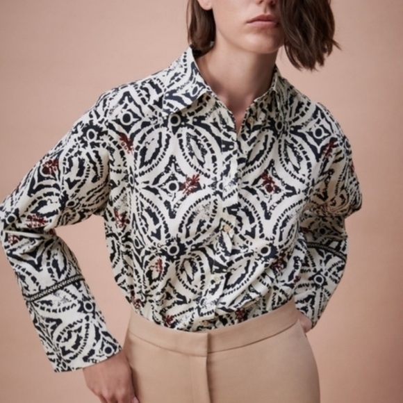 Zara NEW block print batik Oversized button front collared blouse Small NWT - Picture 1 of 14